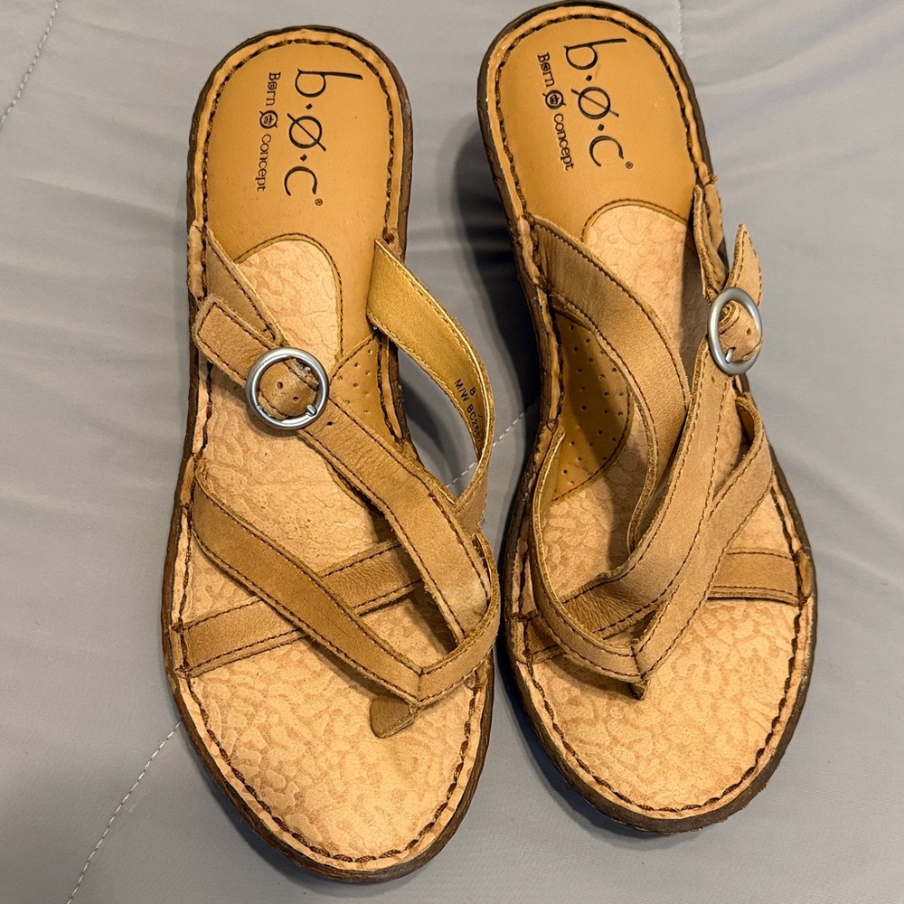 b.o.c. Tan Strappy Wedge Sandals with Buckle